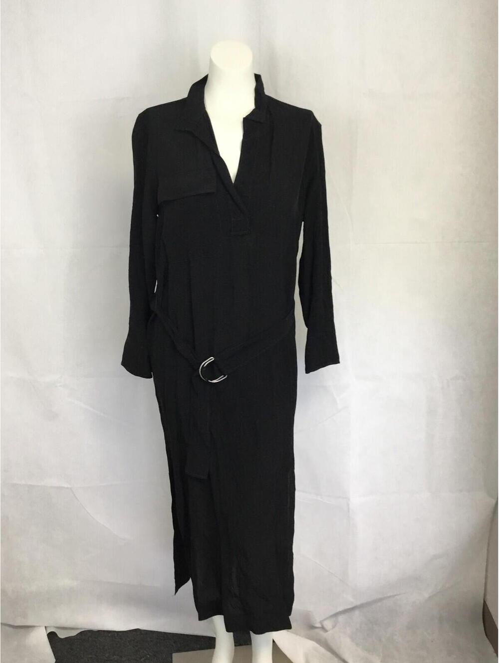 [354] Zara Dress W XS Black Long Sleeve Belted Shirt Dress Maxi Collared Casual